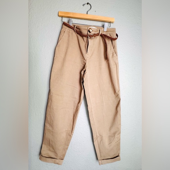 Zara Women's Tan High Waisted Pants with Braided Belt - Picture 1 of 3